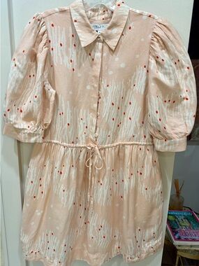 HUNTER BELL Peach Print Mini Linen Shirt Dress Puff Sleeve Tie Waist